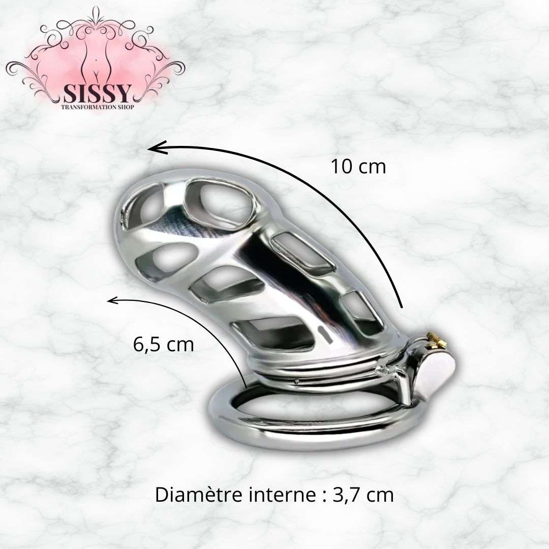Cage de chasteté Sissy en acier avec mesures de 10 cm par 6,5 cm pour usage sécurisé