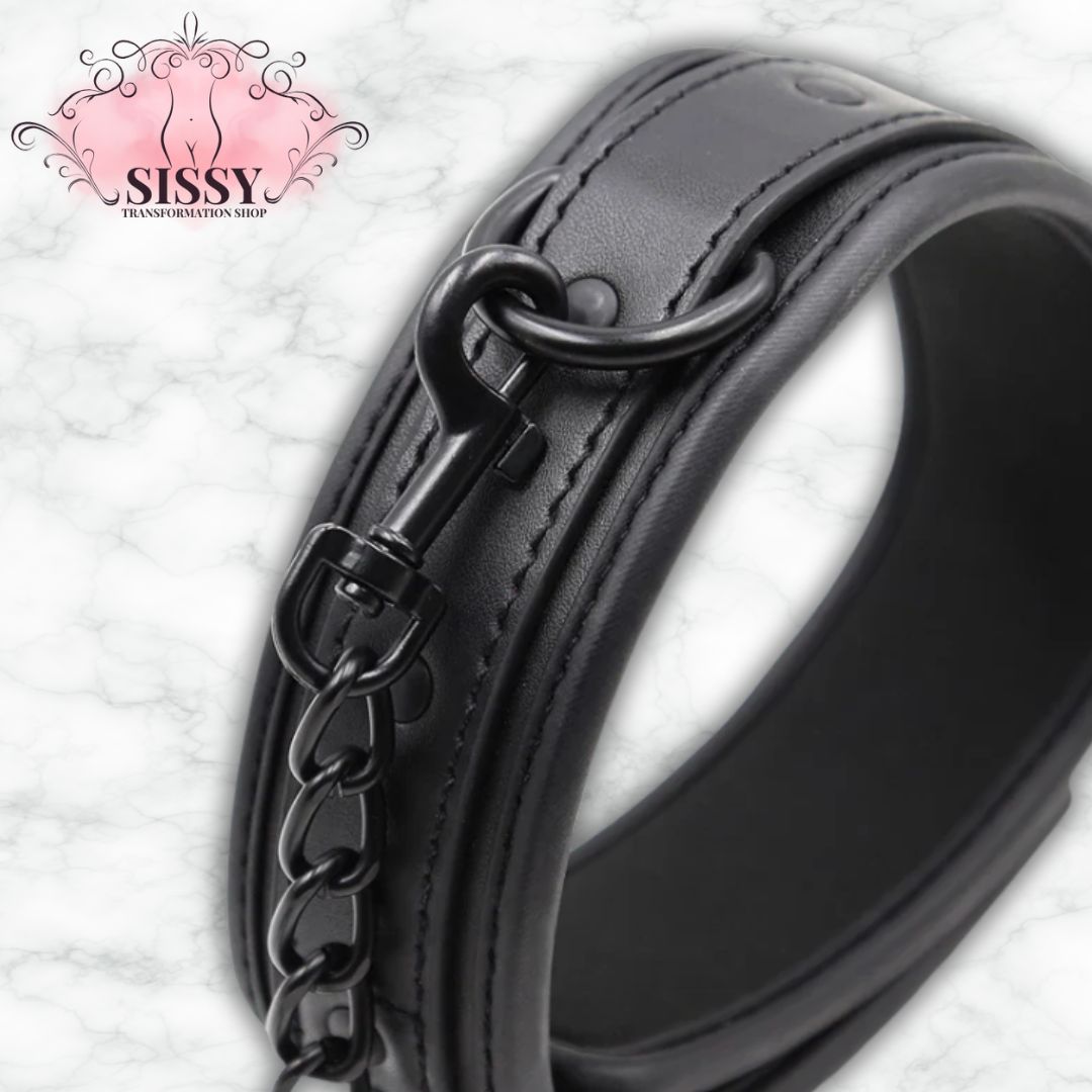 Collier BDSM en cuir PU avec chaîne noir résistant et ajustable pour accessoires Sissy Transformation Shop