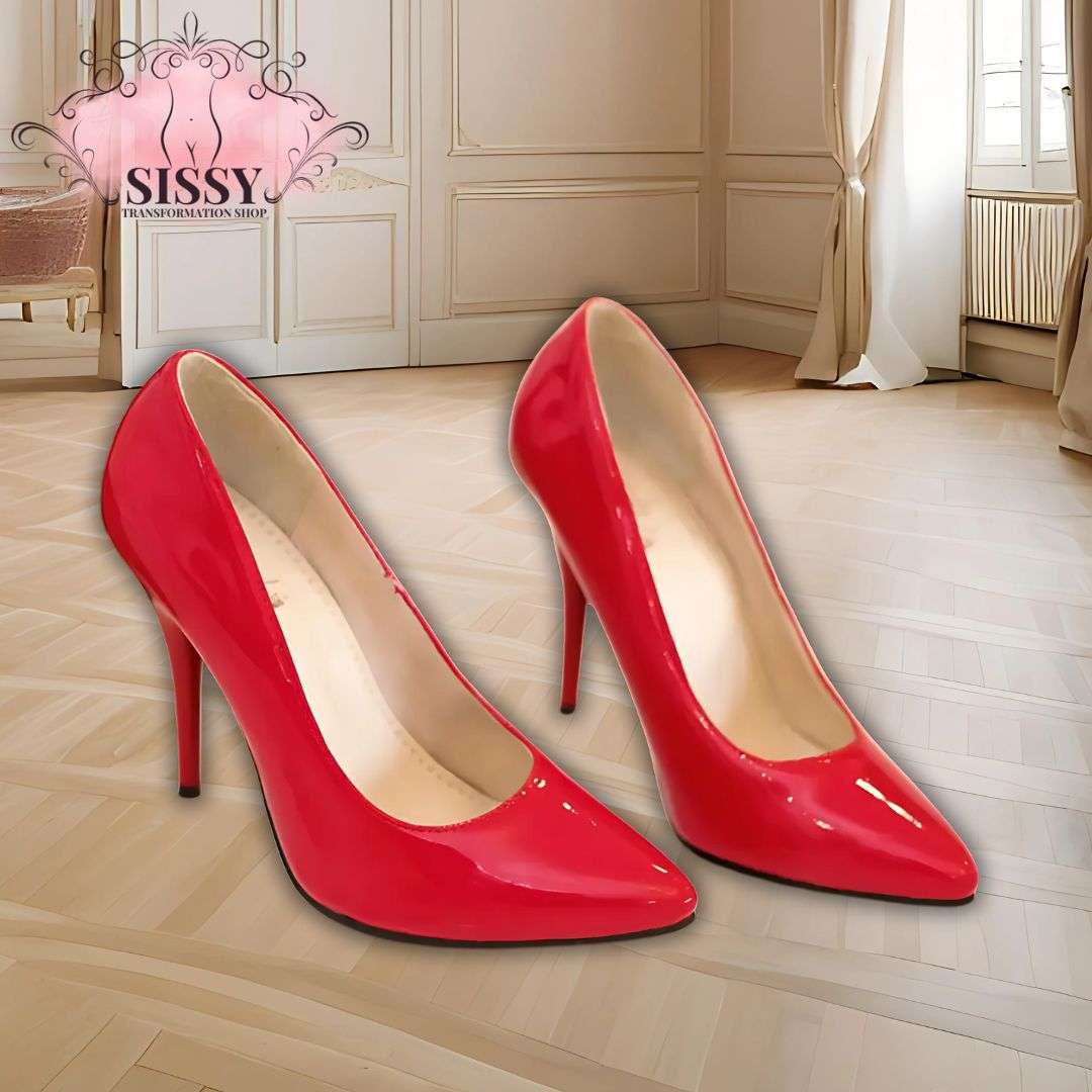 Escarpins à talon aiguille rouge brillant pour femme, élégants et raffinés par Sissy Transformation Shop