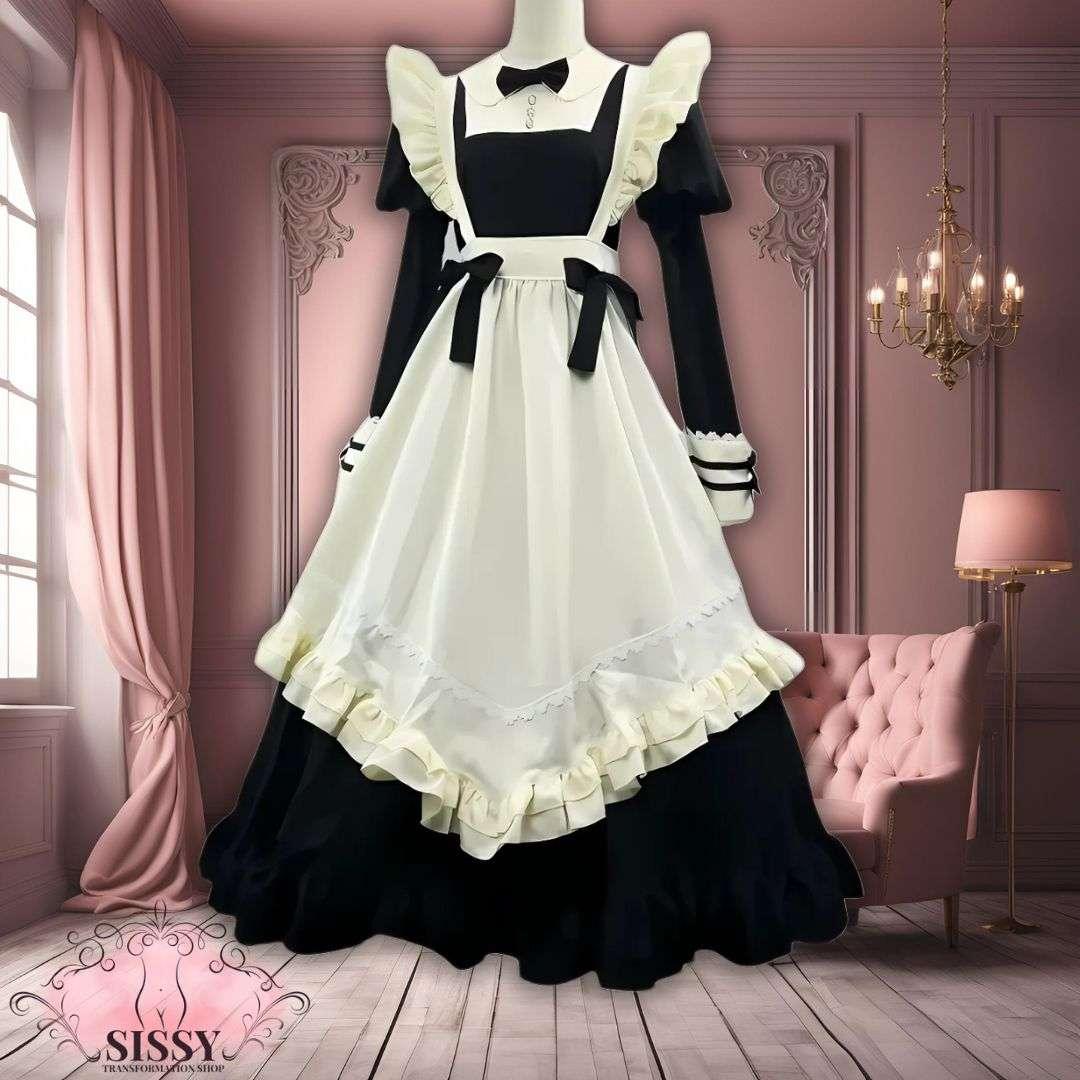 Robe Sissy Maid Lolita noire et blanche avec tablier à volants et nœud papillon