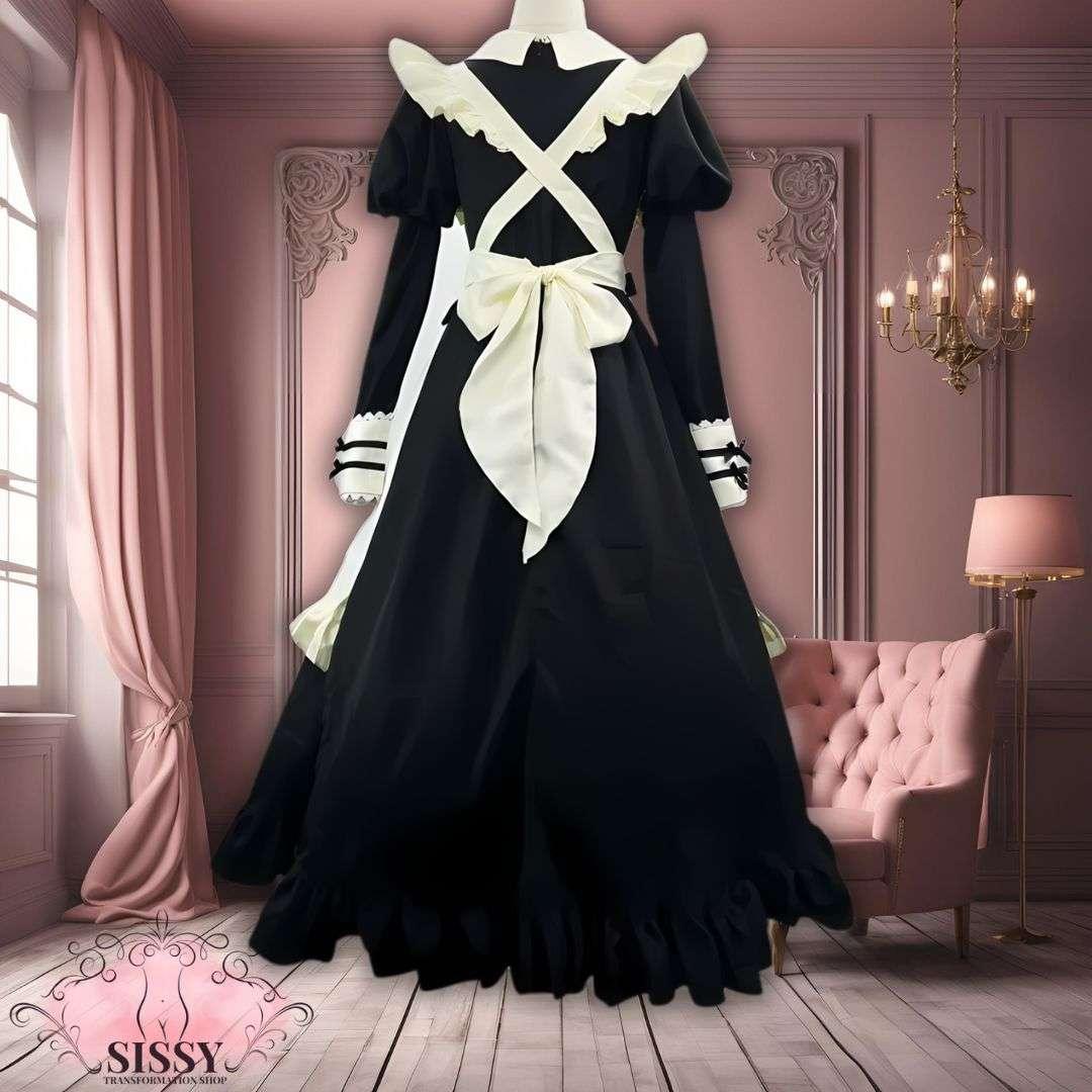Robe Sissy Maid Lolita noire avec nœud blanc et volants, style maid vintage élégante