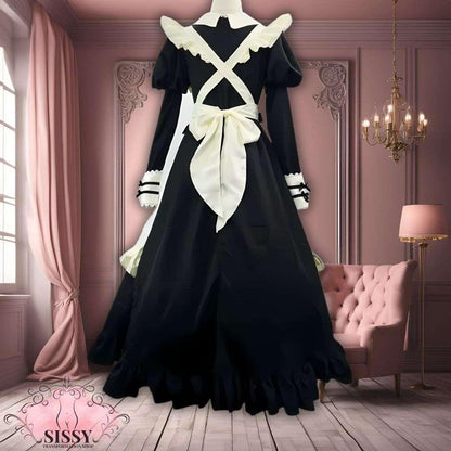 Robe Sissy Maid Lolita noire avec nœud blanc et volants, style maid vintage élégante