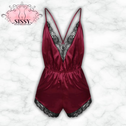 Mens Lingerie Pajamas Sleepwear Lace Trimmed Erotic Sissy Crossdressing Costume Jumpsuit Romper Satin V-neck Gay Male Nightwear