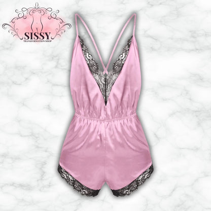 Mens Lingerie Pajamas Sleepwear Lace Trimmed Erotic Sissy Crossdressing Costume Jumpsuit Romper Satin V-neck Gay Male Nightwear