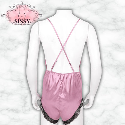 Mens Lingerie Pajamas Sleepwear Lace Trimmed Erotic Sissy Crossdressing Costume Jumpsuit Romper Satin V-neck Gay Male Nightwear