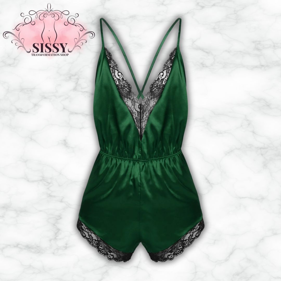 Mens Lingerie Pajamas Sleepwear Lace Trimmed Erotic Sissy Crossdressing Costume Jumpsuit Romper Satin V-neck Gay Male Nightwear