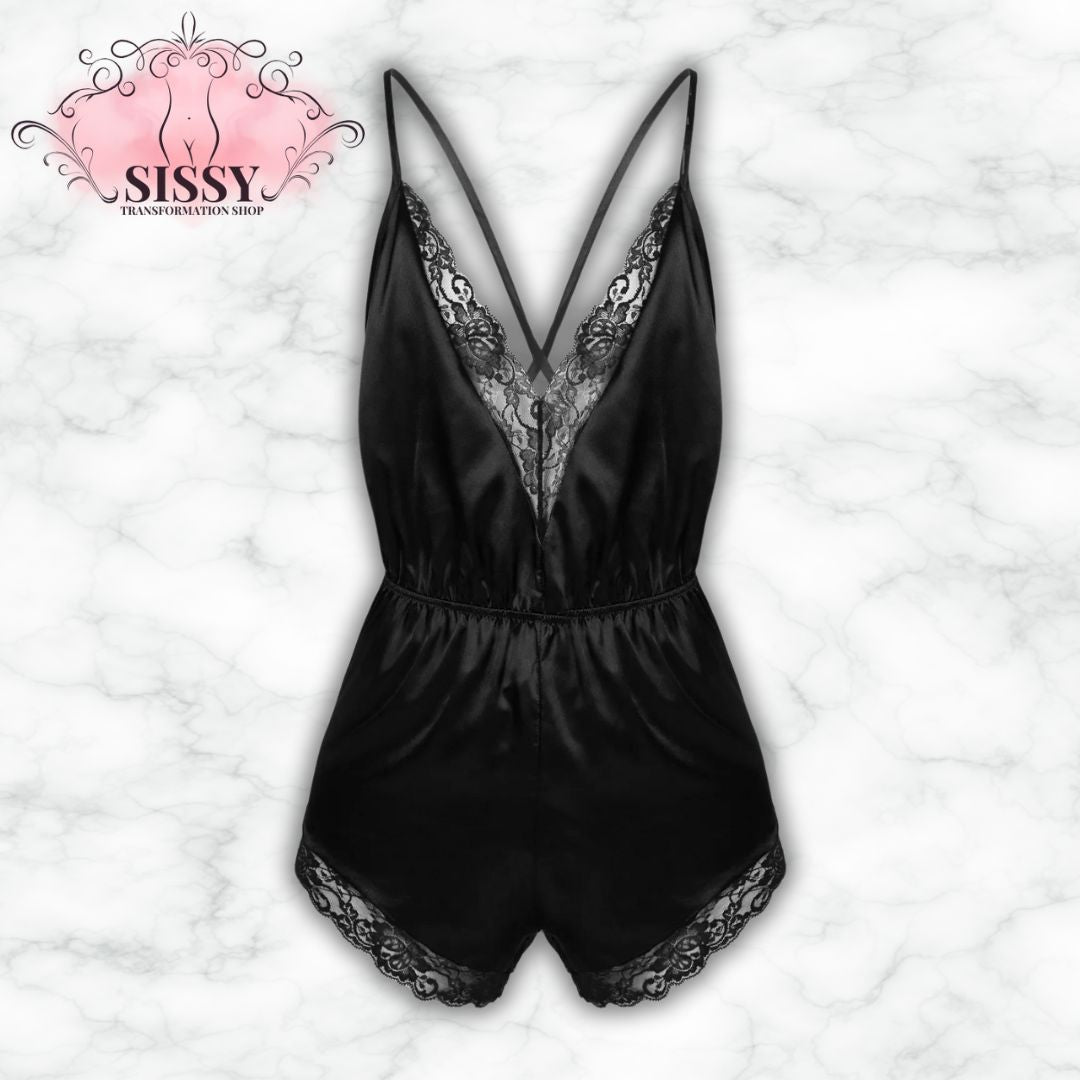 Mens Lingerie Pajamas Sleepwear Lace Trimmed Erotic Sissy Crossdressing Costume Jumpsuit Romper Satin V-neck Gay Male Nightwear