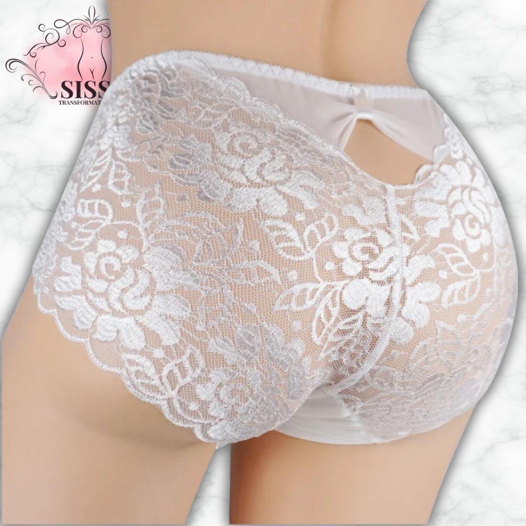 Culotte En Dentelle Florale Transparente Avec Poche Pour Sissy, design élégant et séduisant en dentelle blanche