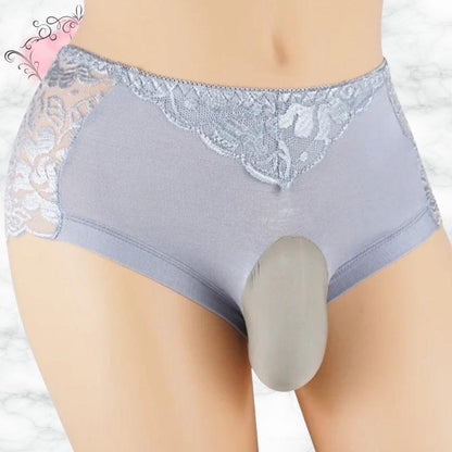 Culotte En Dentelle Florale Transparente Avec Poche Pour Sissy en gris, parfaite pour un look élégant et raffiné.