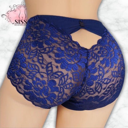 Culotte En Dentelle Florale Transparente Avec Poche Pour Sissy en bleu, mettant en valeur des détails élégants.