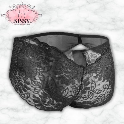 Culotte En Dentelle Florale Transparente Avec Poche Pour Sissy, élégante et sexy en noir avec un motif délicat.