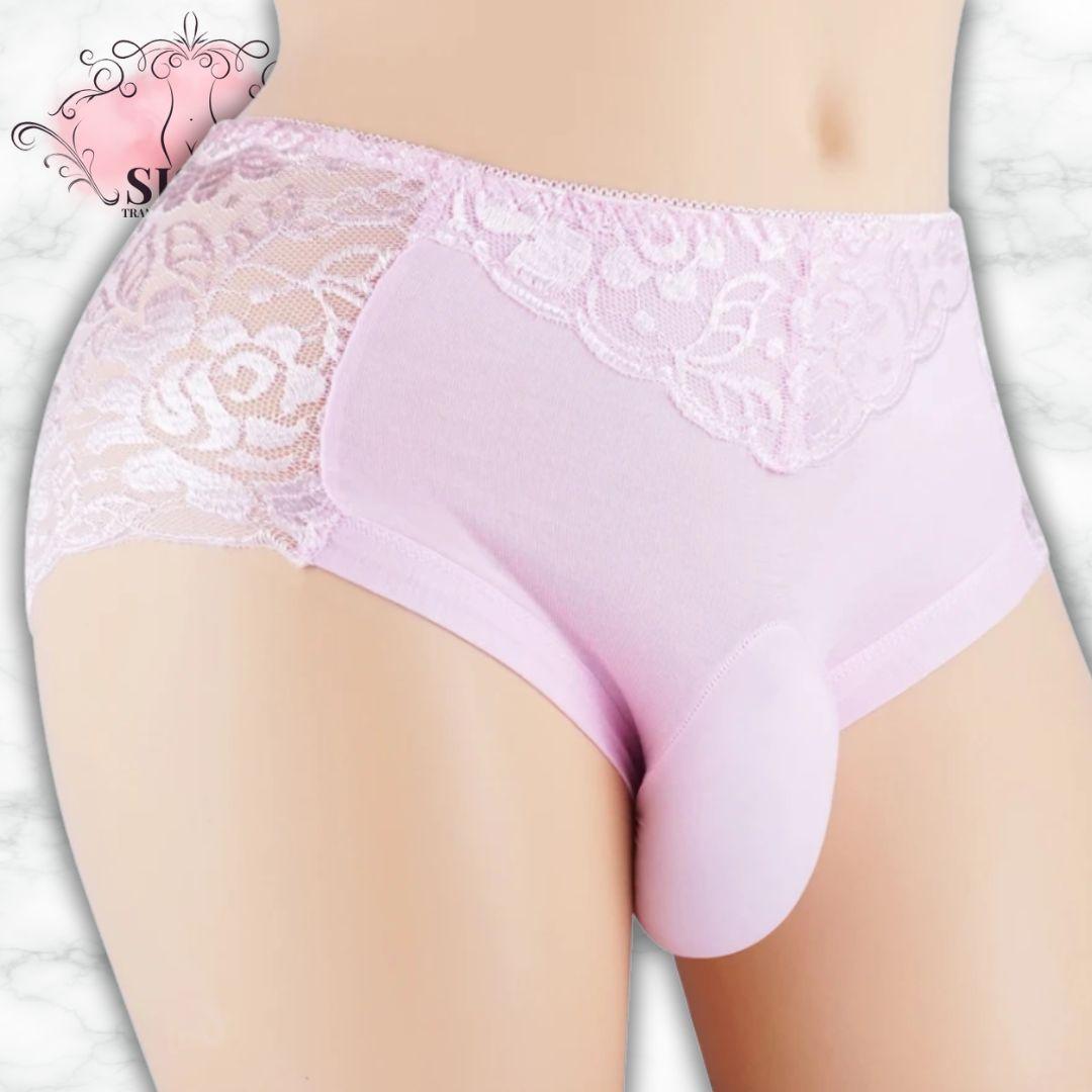 Culotte en dentelle florale transparente avec poche pour sissy en rose, idéale pour un confort chic