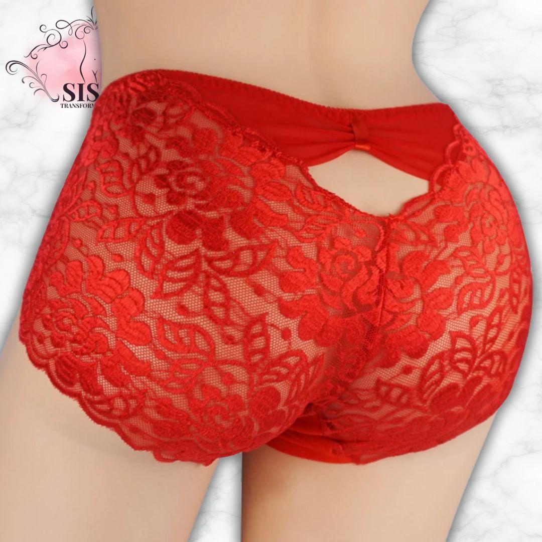 Culotte En Dentelle Florale Transparente Avec Poche Pour Sissy en rouge, offrant un style élégant et séduisant.