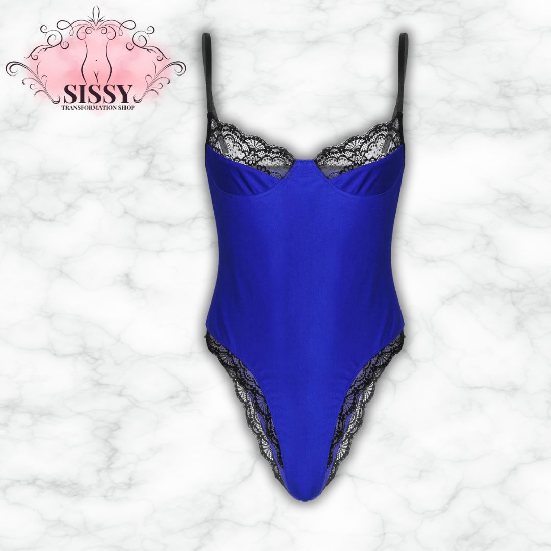 Body Sissy satin et dentelle en bleu avec des accents de dentelle noire pour un look élégant