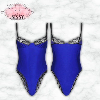 Body Sissy satin et dentelle bleu avec bretelles et détails en dentelle pour une allure sensuelle