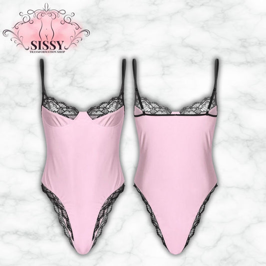Body Sissy satin et dentelle rose avec bretelles fines pour une allure élégante et féminine.