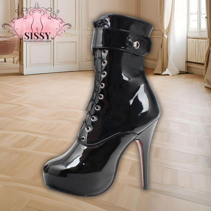 Bottines sexy verrouillables noires à talons hauts brillants de Sissy Transformation Shop