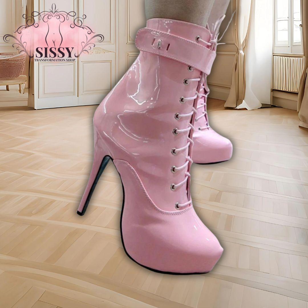 Bottines sexy verrouillables rose vernis à talons aiguilles pour un style audacieux et féminin