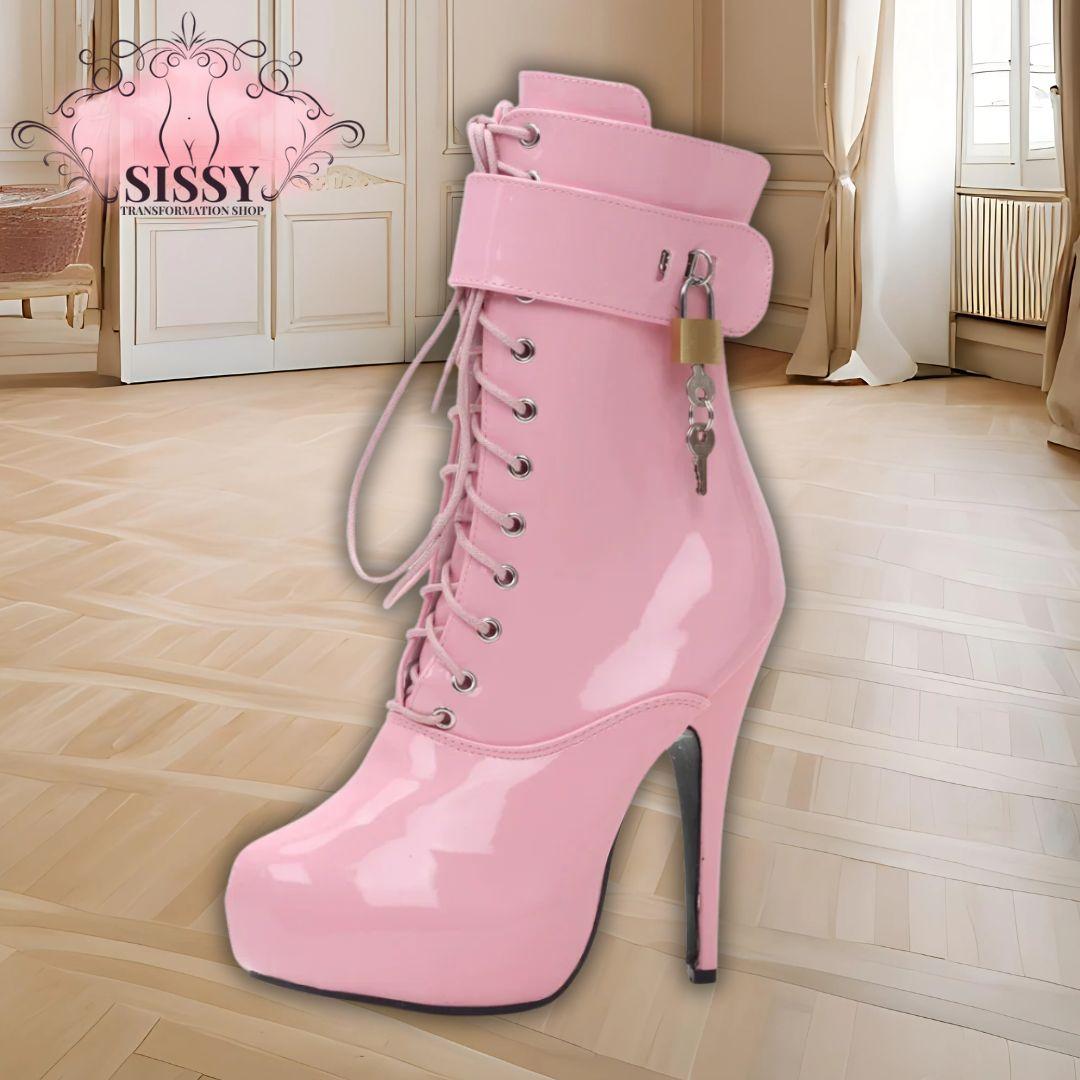 Bottines sexy verrouillables en cuir verni rose avec talon haut pour femme