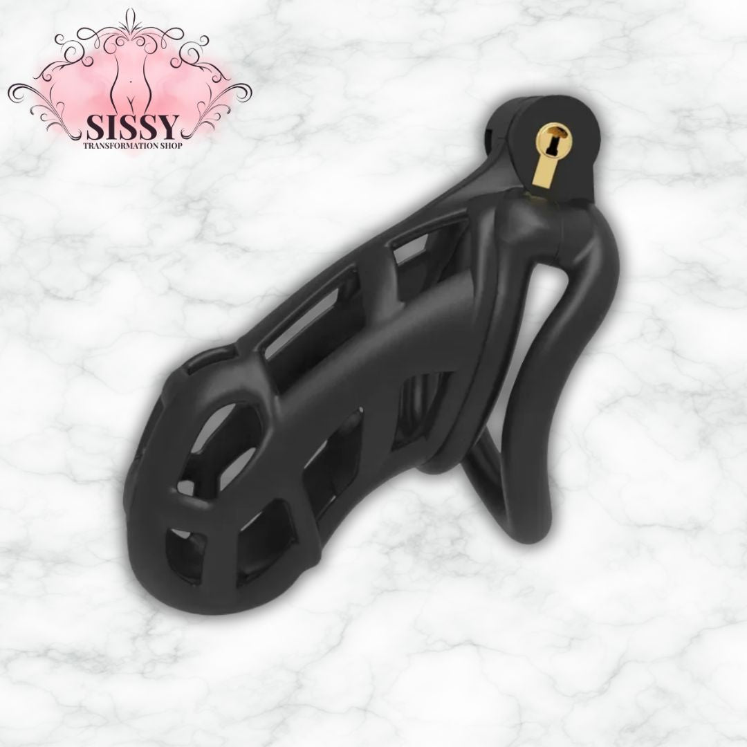 Cage de chasteté Cobra noire en plastique avec serrure dorée pour accessoires de Sissy Transformation Shop
