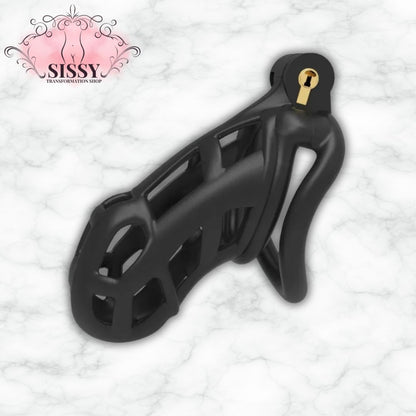 Cage de chasteté Cobra noire en plastique avec serrure dorée pour accessoires de Sissy Transformation Shop