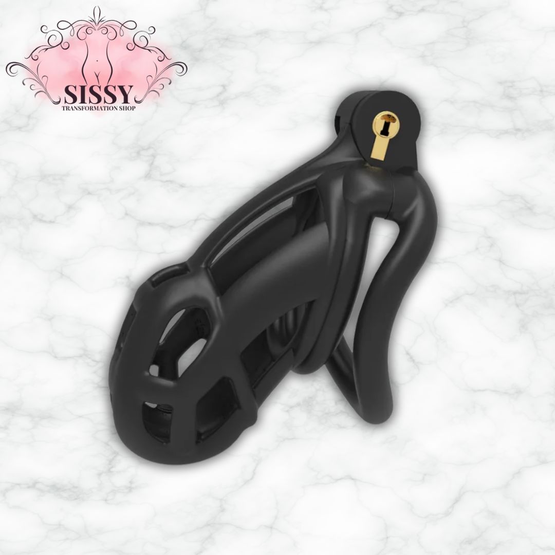Cage de chasteté Cobra noire avec serrure dorée vendue par Sissy Transformation Shop