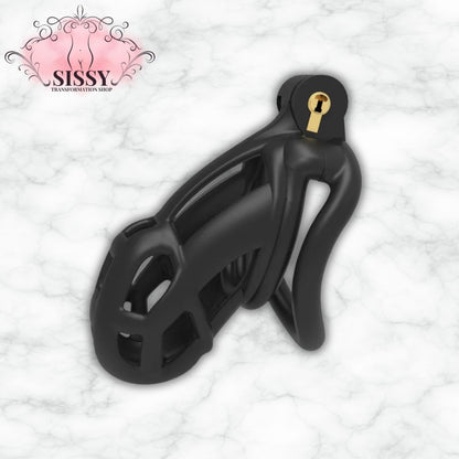 Cage de chasteté Cobra noire avec serrure dorée vendue par Sissy Transformation Shop