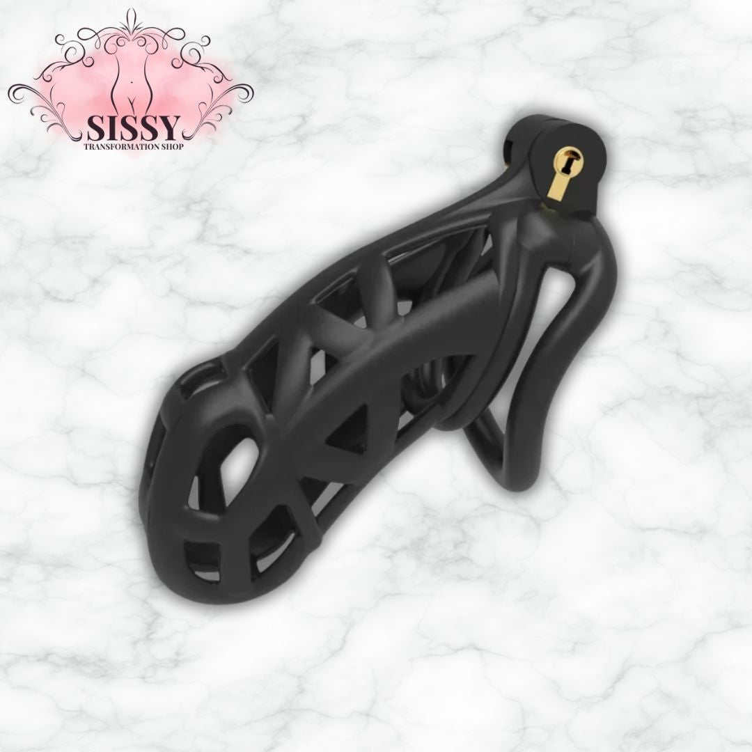 Cage de chasteté Cobra noire en plastique avec serrure dorée par Sissy Transformation Shop