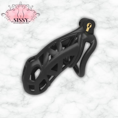 Cage de chasteté Cobra noire en plastique avec serrure dorée par Sissy Transformation Shop
