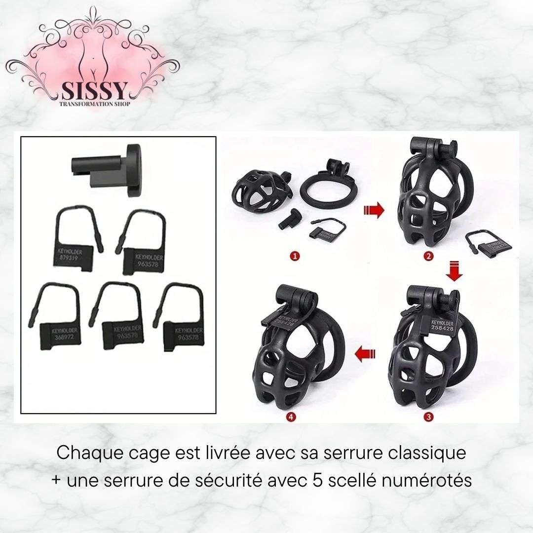 Cage de chasteté Cobra en plastique noir avec serrure de sécurité et cinq sceaux numérotés