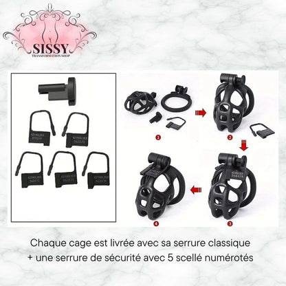 Cage de chasteté Cobra en plastique noir avec serrure de sécurité et cinq sceaux numérotés
