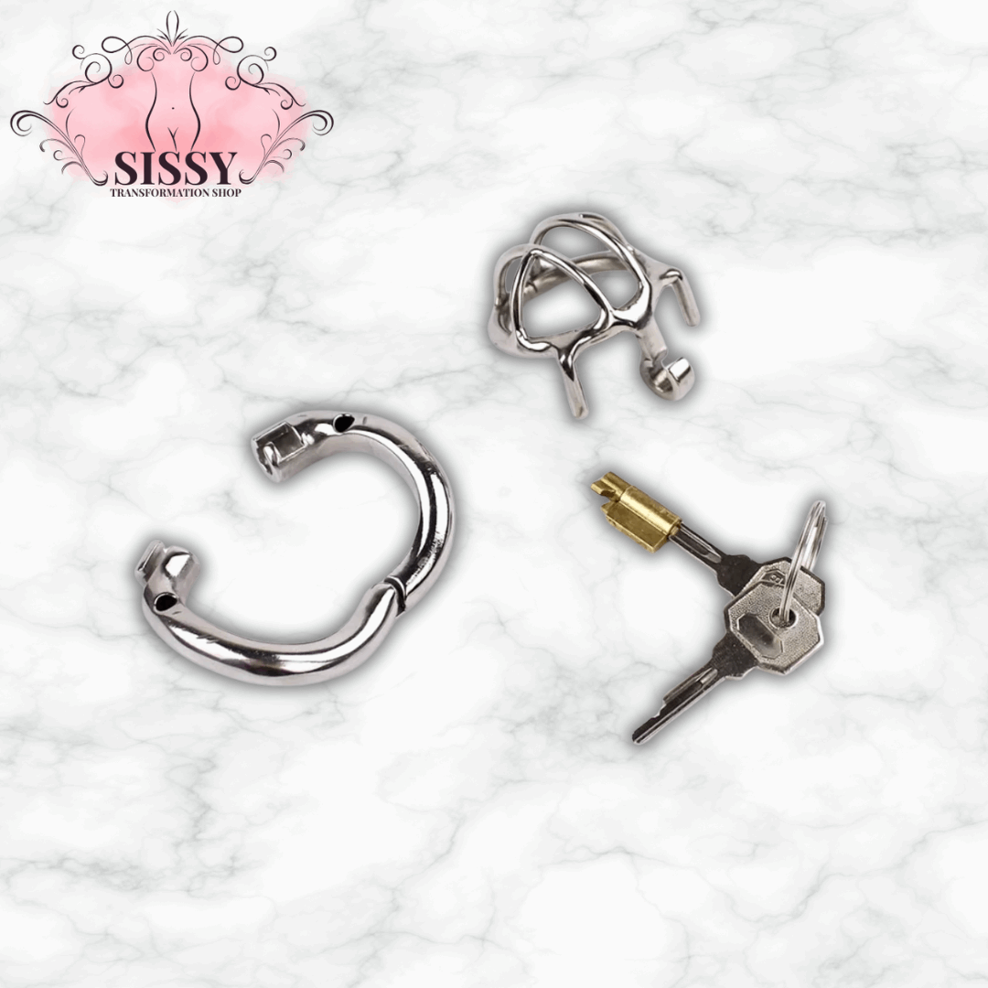 Cage de chasteté en acier inoxydable avec clé et anneaux argentés de Sissy Transformation Shop