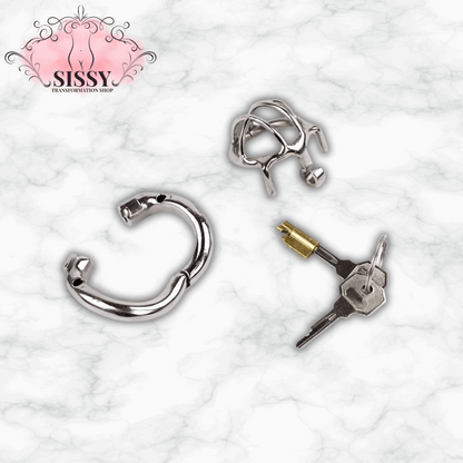 Cage de chasteté en acier inoxydable avec clé et anneaux argentés de Sissy Transformation Shop