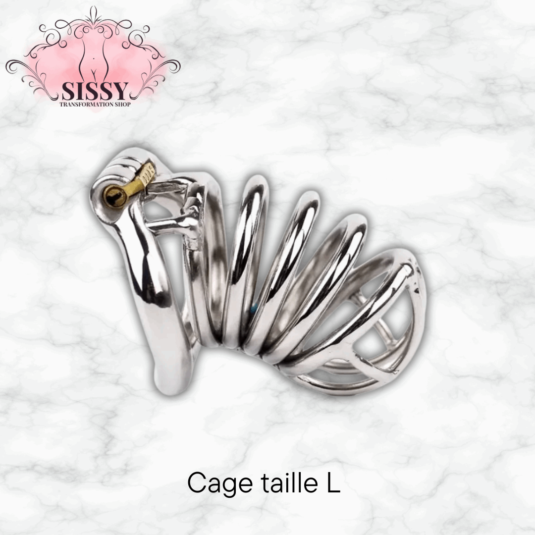 Cage de chasteté en acier inoxydable taille L avec verrou sécurisé par Sissy Transformation Shop