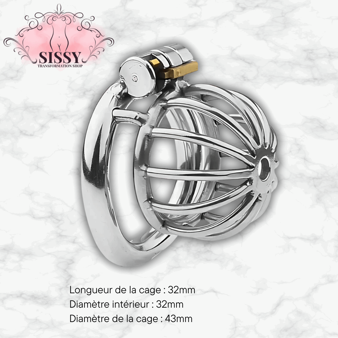 Cage de chasteté Nub en acier brillante avec serrure et dimensions détaillées 32mm et 43mm