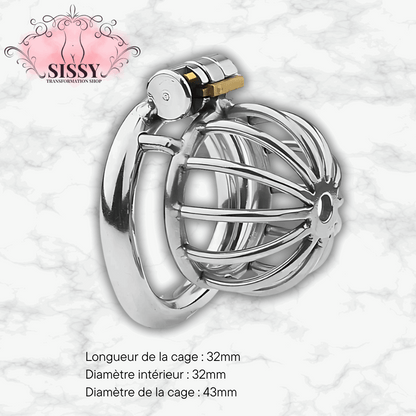Cage de chasteté Nub en acier brillante avec serrure et dimensions détaillées 32mm et 43mm
