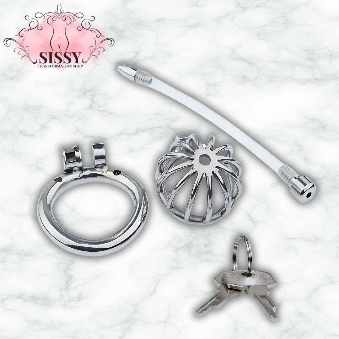 Cage de chasteté Nub en acier avec clés et accessoires sur fond blanc marbré