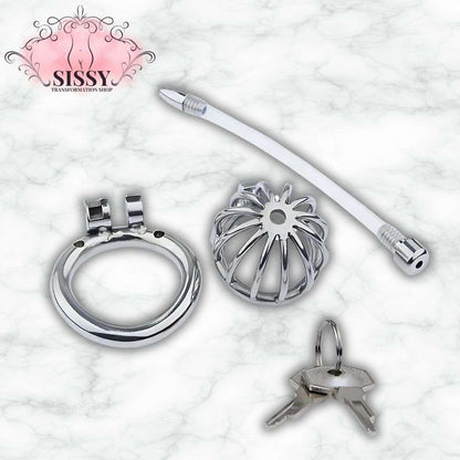 Cage de chasteté Nub en acier avec clés et accessoires sur fond blanc marbré