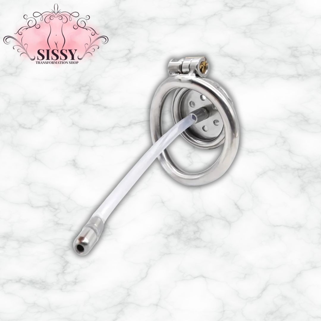 Cage de chasteté plate en acier inoxydable avec tube transparent de Sissy Transformation Shop