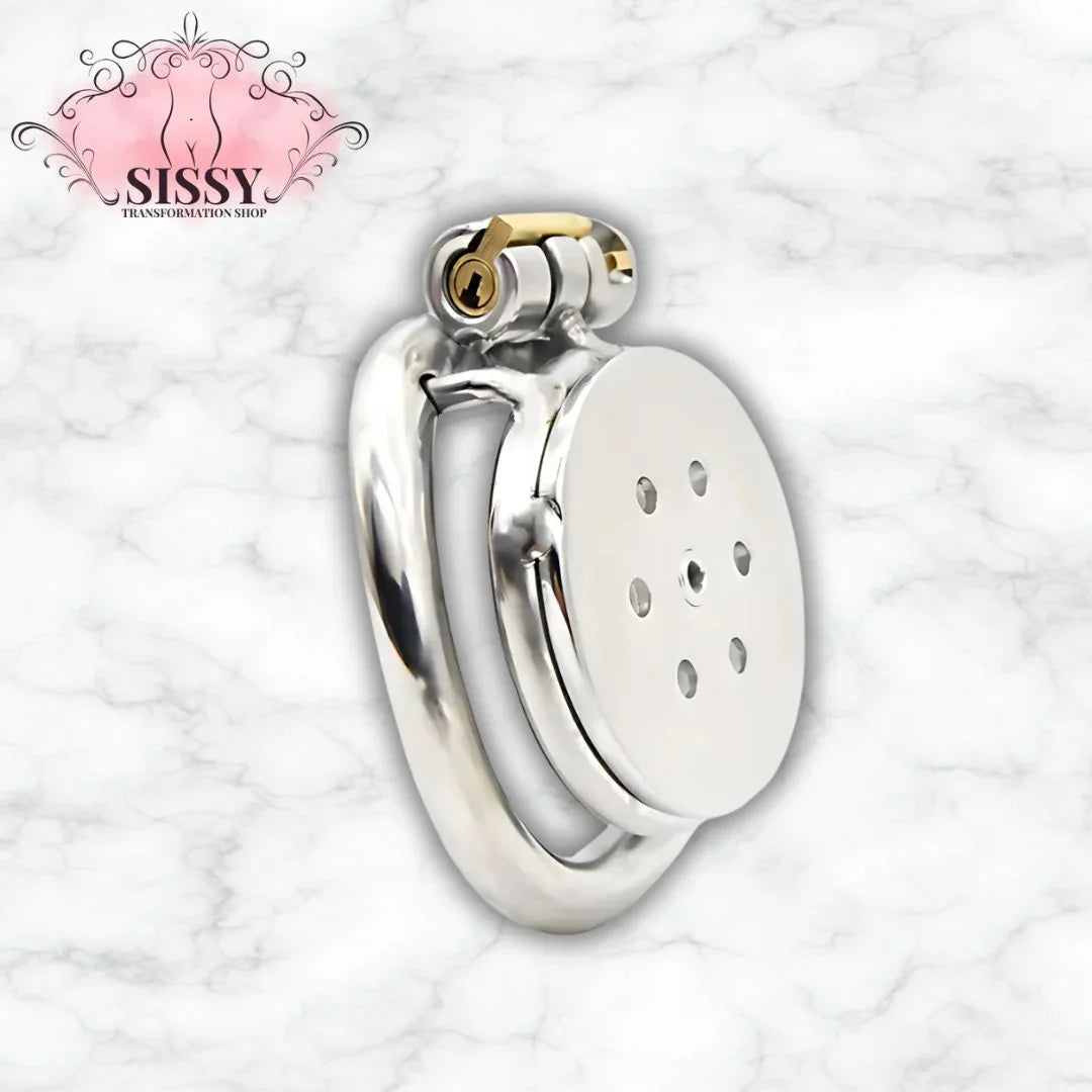 Cage de chasteté plate en acier inoxydable avec serrure dorée de Sissy Transformation Shop