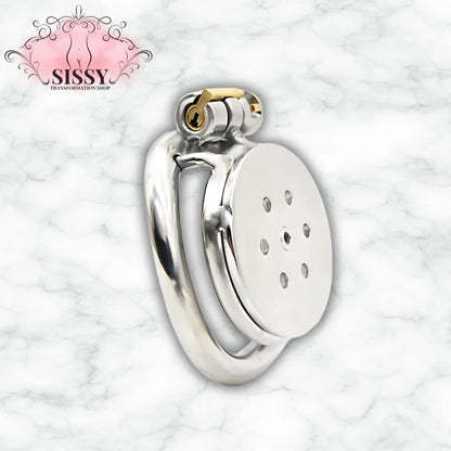 Cage de chasteté plate en acier inoxydable avec serrure dorée de Sissy Transformation Shop
