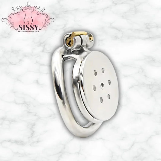 Cage de chasteté plate en acier inoxydable avec serrure dorée de Sissy Transformation Shop