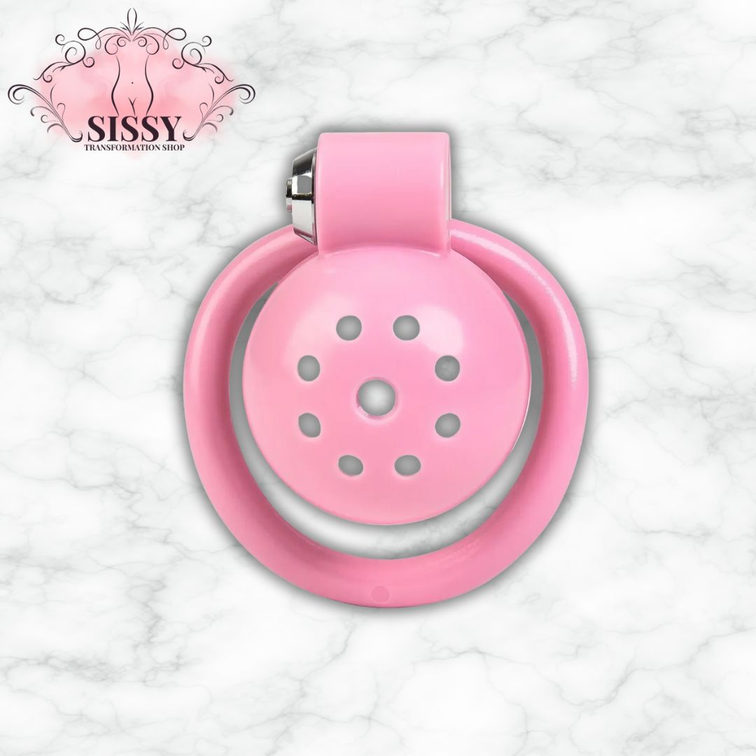 Cage de chasteté Small rose en acier avec anneau circulaire proposée par Sissy Transformation Shop