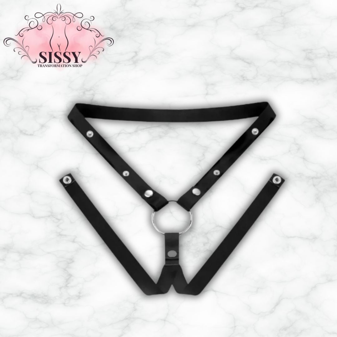 Ceinture universelle pour cage de chasteté en cuir noir avec anneau métallique de Sissy Transformation Shop