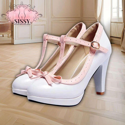 Chaussures à talon maid blanches avec lanières roses et petits nœuds décoratifs élégants