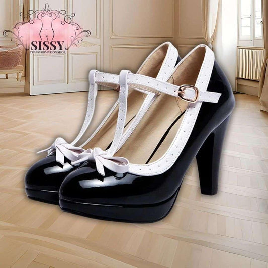 Chaussures à talon maid noires vernies avec lanières blanches et nœuds décoratifs pour un style élégant