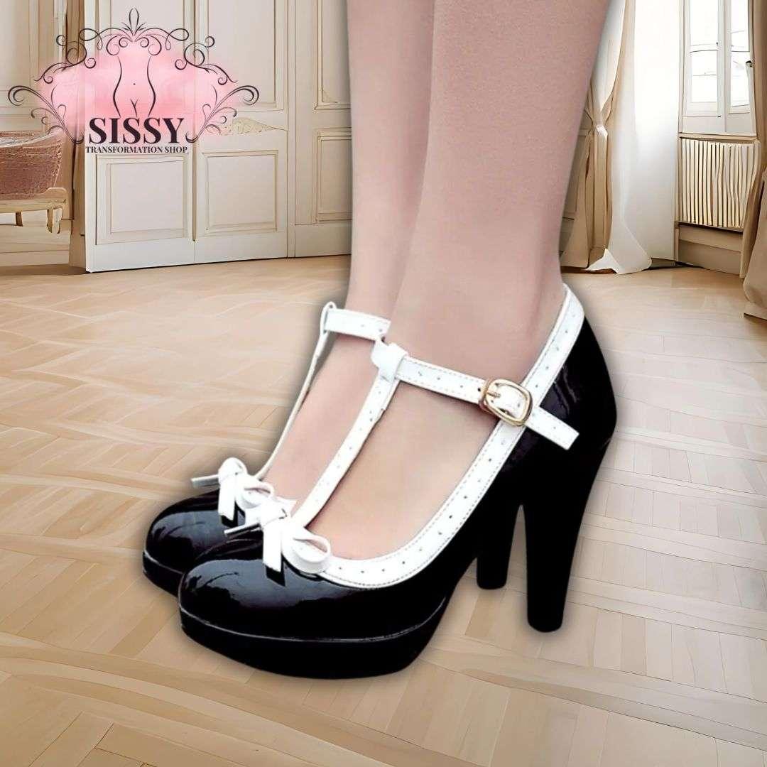 Chaussures à talon maid noires vernis avec brides blanches et petit nœud, style élégant et vintage
