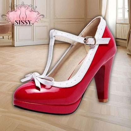 Chaussures à talon maid rouges et blanches avec bride et noeud décoratif pour un style élégant