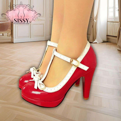 Chaussures à talon maid rouges et blanches avec boucle dorée et nœud sur le devant