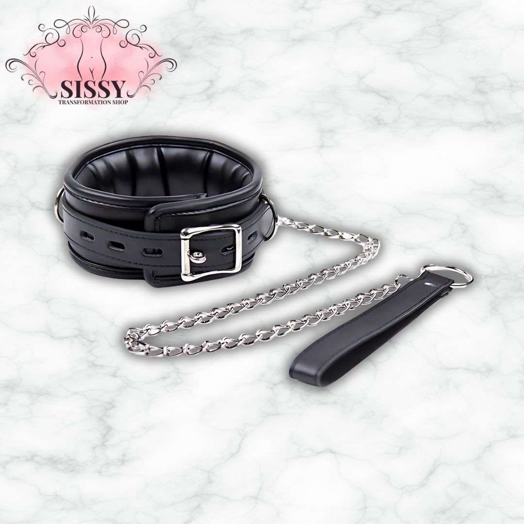 Collier de soumission BDSM en cuir noir avec chaîne et poignée pour accessoires BDSM
